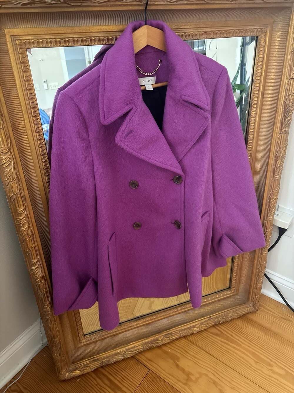 ON-34TH Purple Double-Breasted Wool-Blend Pea Coat with Star Detail, Size M